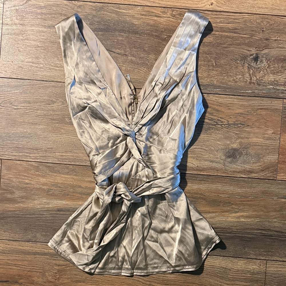 BCBGMaxAzria Satin Twist-Front Wrap around tie blouse